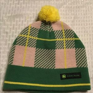 John Deere Pink Green Plaid Pom Pom Winter Hat